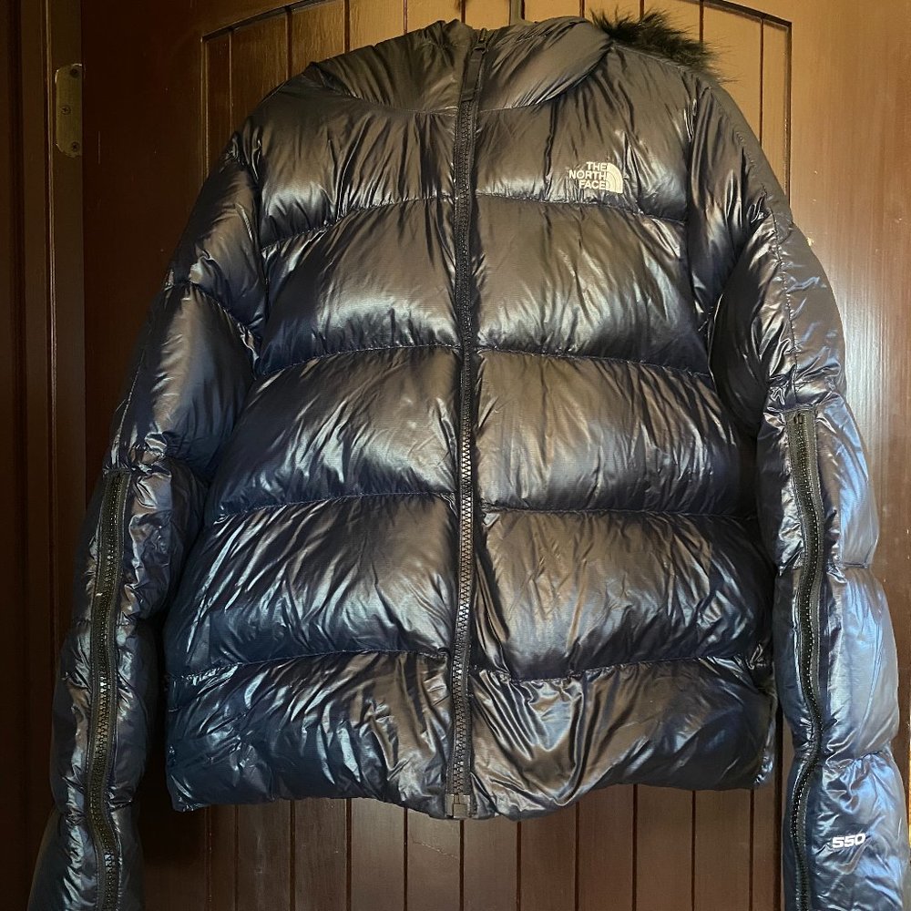 Navy Blue The North Face Fur Hooded Puffer Down Jacket